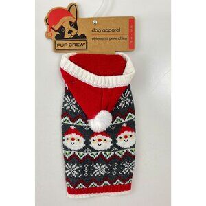 Pup Crew Dog Apparel Hooded Sweater Red  Gray Size XS Santa Christmas Pom Pom
